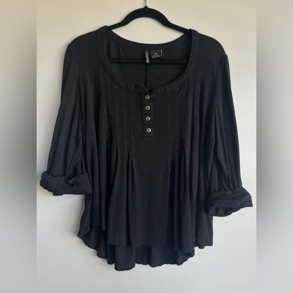 New Directions Black 3/4 Sleeve Roll Button Cuff Peasant Style Blouse Size XL